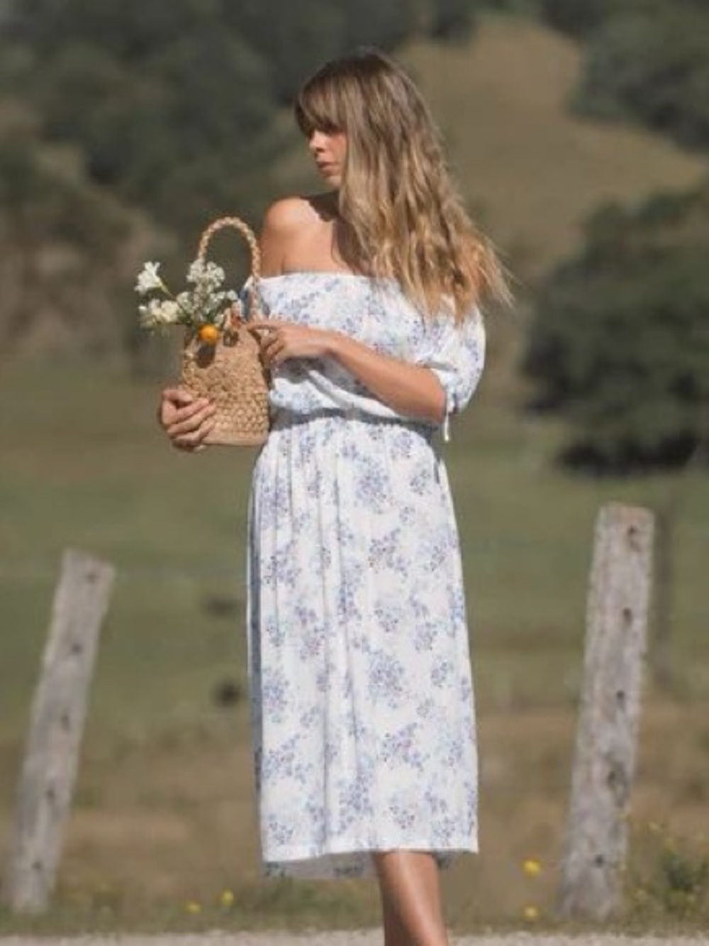 Off the Shoulder White Floral Midi Dress